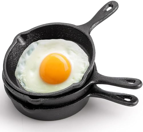 3 Stück Mini-gußpfanne mit Stiel, 10cm gusseisenpfanne klein doppelten Ausgießern gusseisen für alle Herdarten, Backofen, Grillsicher, Innen- und Außenbereich, antihaftbeschichtet kleine pfanne