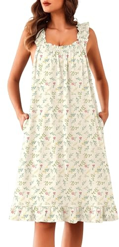 Ekouaer Moo Moos for Women Sleeveless Nightgowns Tank Night Gowns Ruffle House Dress with Pockets Wide Strap Lounge Dress