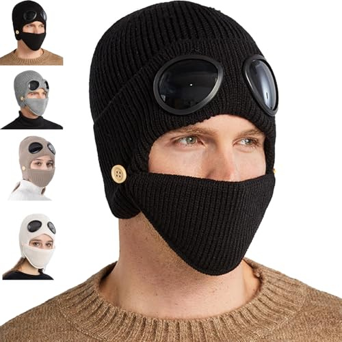 WYLFYJP Bonnet Unisexe 3 en 1 Maille avec Lunettes intégrées, Chapeau aviateur Chaud et Tendance for l'hiver Les Sports de Plein air, Masque Cache-Oreilles(Black)