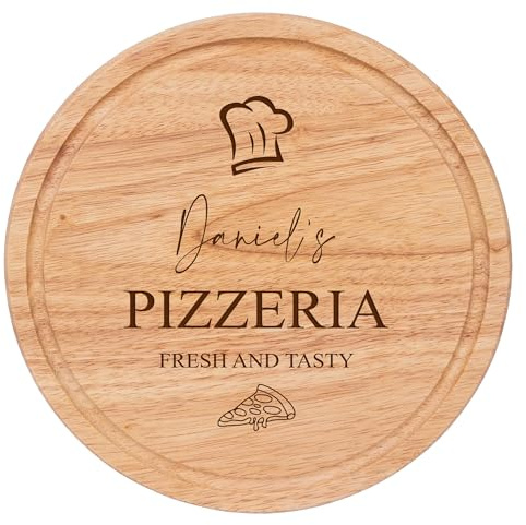 ukgiftstoreonline Personalised Pizzeria Serving Board, Hevea Wood, Round, 30cm, Custom Engraved, Pizza Theme