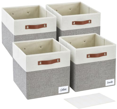 Bagnizer Faltbare Aufbewahrungsbox aus Stoff mit 2 PU-Griffe, 4er Set | Faltbox, Etikettenhalter, für Würfelregal, Kallax, Kleideraufbewahrung, Aufbewahrungsboxen, 33 x 33 x 33cm, Grau & Weiß