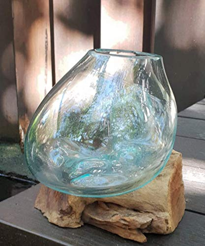 Unique Molten Glass on Wood Design Plant Bowl Medium