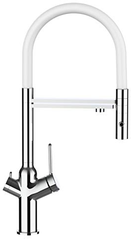 Rubinetto cucina 4 VIE per sistemi Frigogasatori e filtro acqua depuratore canna movibile e doccia staccabile 2 getti (Cromato/Bianco)