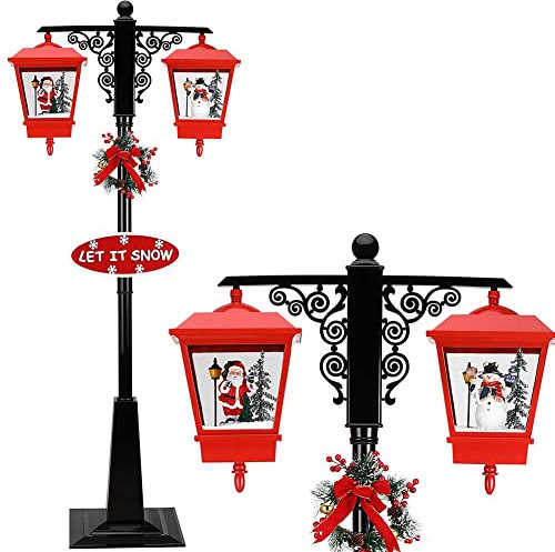BAKAJI Lampione di Natale Luminoso 2 Lanterne con 38 Luci 2 Scene Natalizie Neve in Movimento e 25 Musiche Natalizie con Decorazione Ghirlanda e Scritta Altezza 188 cm (Nero)