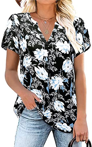 Siddhe Sommerblusen Damen, Damen Sommer Bluse mit Blütenblatt Ärmel Leicht Kurzarm Tunika Longshirt Elegant V-Ausschnitt Hemdbluse Baumwolle Blusenshirt, Blummen Muster Große Größe