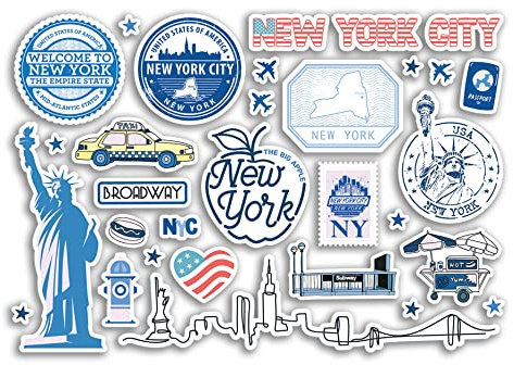 A5 Aufkleberbogen New York Blau Sehenswürdigkeiten Vinyl Aufkleber – NYC Amerika Stadtkarte Flughafen Skyline Flagge Reisen Urlaub Kultur Ästhetisch #80283