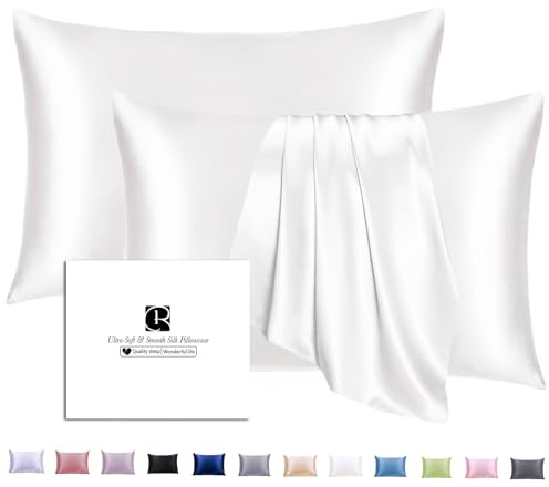 2er Set Seidenkissenbezug 40x60, Ravmix Kissenbezüge aus Seide, für Haar und Haut, mit verstecktem Reißverschluss, beide Seiten Seide, Maulbeerseide Kopfkissenbezug 40x60, 2 Stück, Elfenbein