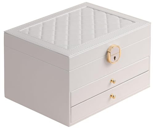 GUOER Jewelry Box for Women Girl Wife 3 Layers Large PU Leather Jewelry Organizer Storage Case with Two drawers Display for Earrings Bracelets Rings Watches Mother's Day (White)