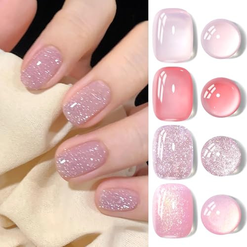 Born Pretty U V Nagellack Jelly Nude Rosa - Glitzer Gel Nagellack Rose Gold Serie Maniküre und Nagelkunst DIY zu Hause 4PCS