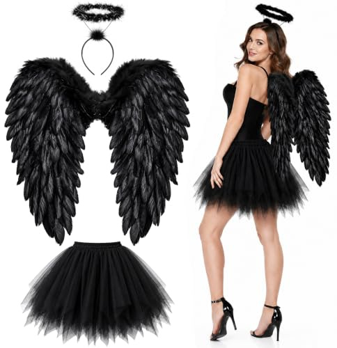 Costume da angelo per adulti, costume con ali d'angelo, costume di Halloween da donna, ali d'angelo per bambini, gonna tutù, ali d'angelo, auspicio
