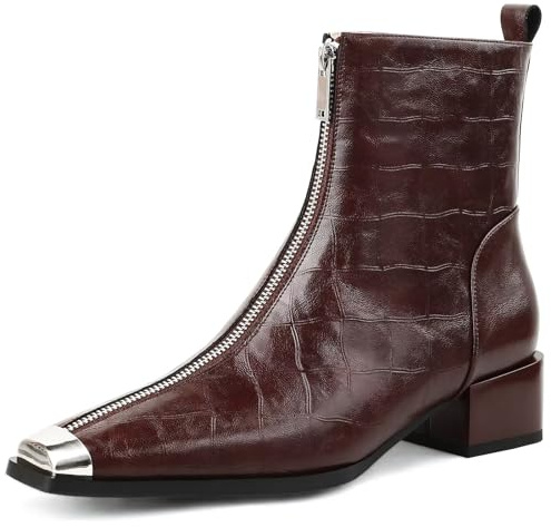 Husmeu Womens Handmade Ankle Boots Low Heel Genuine Patent Leather Square Toe Front Zipper Booties Brown Size 7