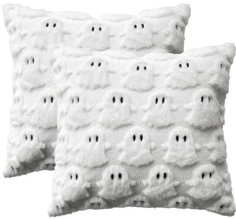 Artoid Mode Weiß Pelz Geist Halloween 45x45 cm 2er Set Kissenbezüge | Saisonal Weich Künstliche Plüsch Samt Sofakissen Zierkissenbezug Schlafzimmer Deko
