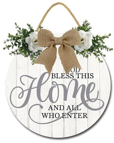 Geroclonup Cartello di benvenuto per porta d'ingresso God Bless This Home and All Who Enter Sign con ghirlande, 30 cm, rotondo, in legno, decorazione da appendere alla parete, per la casa e il portico