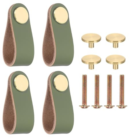 PATIKIL Leather Drawer Pulls, 4 Pack Leather Handle Center Cabinet Dresser Knobs with Screws for Dresser Cupboard Closet Doors, Green