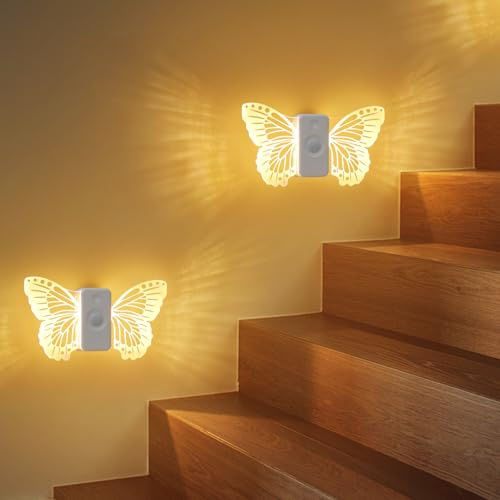 Hoofun Veilleuse Détecteur de Mouvement Capteur Crépusculaire, 2 Pack Veilleuses LED, 3 Modes Papillon 500mAh USB-C Rechargeable, Magnétique Sans Fil Lampe, pour Cuisine, Chambre, Couloir, Placard
