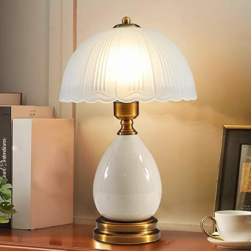 Mengjay Tischlampe aus Keramik,Vintage Nachttischlampe mit Acryl-Lampenschirm,E27 Fassung,Tischleuchte Deko Wohnzimmer,Schreibtischlampe Moderne Nachtlicht für Schlafzimmer (Weiß)
