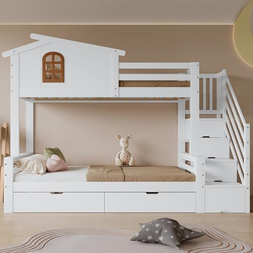 Idemon Litera con 2 cajones y ruedas, armario de esquina con escalera • Cuna de 90 x 200 cm con ventanas, cama alta con almacenamiento y somieres estables • Blanco + Natural