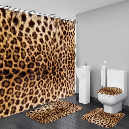 KOKGYM 4 PCS Leopard Shower Curtain Cheetah Print Shower Curtain Sets Non Slip Bathroom Rugs Soft Plush Bath Mat Toilet Lid Cover Animal Print Shower Curtain with 12 Hooks for Bathroom Tub, Brown