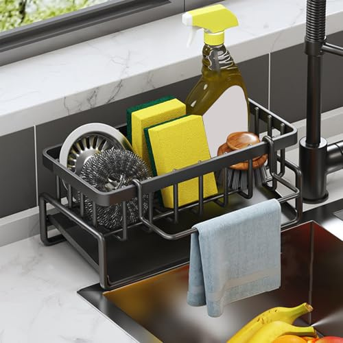 Kitchen Sink Storage Organiser, Versatile Carbon Steel Sponge Holder, Sink Caddy Tidy Organiser with Self Draining Tray, Utensil Caddy Countertop Rack with DishCloth Hanger for Kitchen & Bathroom