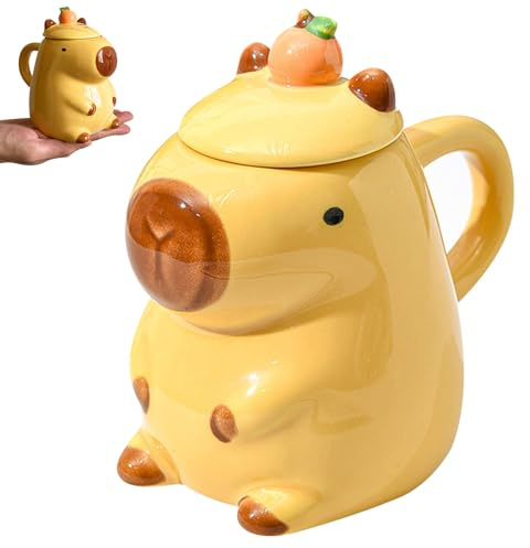 BEHUX Capybara Cute Mugs Coffee Cup, 400ML Cartoon 3D Ceramic Cup, Capybaras Cute Tea Mug with Lid, Animal Coffee Mug, Rounded Handle Design, Capybara Gifts for Women, Christmas, Birthday