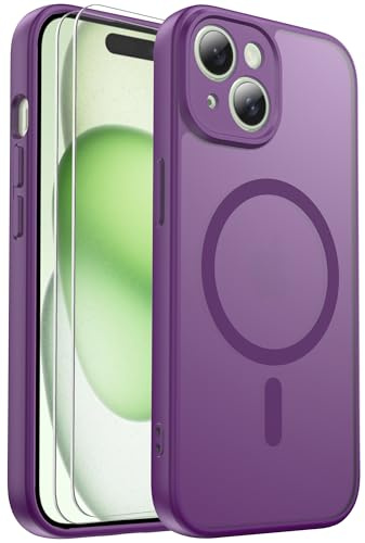 Ezanmull for iPhone 15 Case Magnetic Shockproof, Full Camera Protection, Fit for MagSafe, with Screen Protector X2, Translucent Anti-Fingerprint Case for iPhone 15 (Purple)