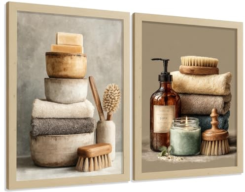 Nacnic Juego De 2 Laminas Decorativas Para Pared De Baño Cuadros Y Poster Para Lavabo Ducha Wc Y Aseo Con Jabones Toallas Y Cepillos Estilo Natural Moderno A3 Sin Marco