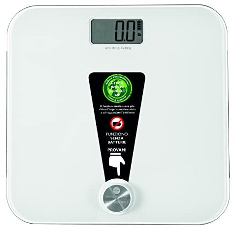 MACOM, Pesapersone Elettronica Senza Batterie ricaricabile manualmente, si ricarica semplicemente premendo il pulsante, divisione 100 gr, peso massimo 180 Kg, Sensation 869 Smart Body Scale