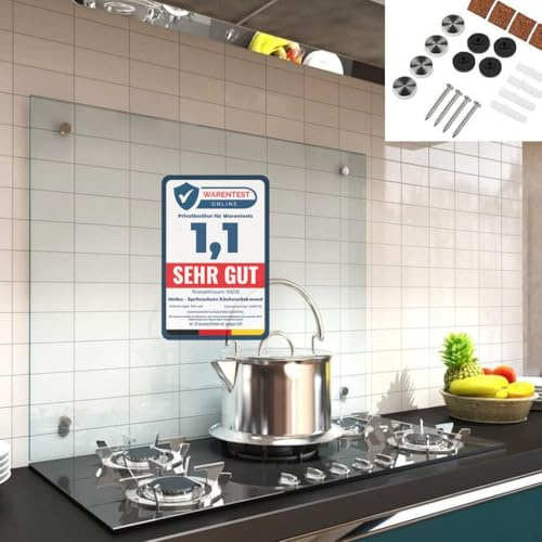 Melko Küchenrückwand Spritzschutz Herd 6 mm ESG-Glas 100x50 cm Klarglas | Nano-Versiegelung schmutzabweisend, polierte Glaskanten, 4 Bohrungen, inkl. Edelstahl-Halterung, Dübel und Kork-Wandpuffer