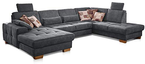 CAVADORE Wohnlandschaft Puccino mit Federkern, Bettfunktion, Sitztiefenverstellung und 2 Kopfstützen / Sofa in U-Form im Landhausstil / 340 x 86 x 224 cm / Mikrofaser grau