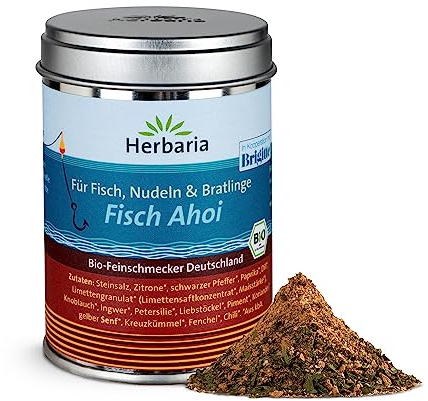 Herbaria Fisch Ahoi bio 85g M-Dose – fertiges Bio-Gewürzsalz für gebratene oder gegrillte Fischgerichte, Meeresfrüchte und Bratlinge – in nachhaltiger Aromaschutz-Dose | Bio Gewürzmischung, frisch-kräuterig mit Zitrone & Dill, für Fischfilet, Fischburger & Fischfrikadellen, in der Weißblechdose