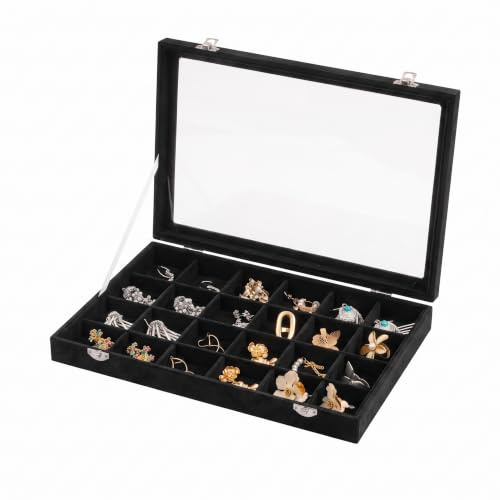 Frebeauty Ohrring Organizer mit 24 Fächern, Samt Schmucktablett mit Deckel | Schubladen Schmuckorganizer Für Ringe, Ohrstecker Und Broschen, Verstellbare Trennwände, Staubgeschützt, Ohrringaufbewahrung