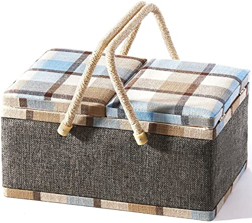 Kobolo Nähkästchen Nähkorb Nähkörbchen Nähkasten - blau kariert - Stoff - 33x23x17 cm