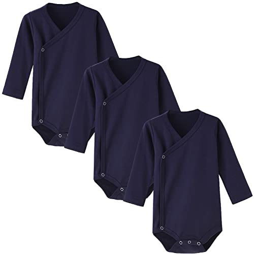 BINIDUCKLING 3er Pack Baby Jungen Mädchen Langarm Wickelbodys - 100% Baumwoll Baby Body mit Seitlichen Druckknöpfen für Neugeborene-12 Monate
