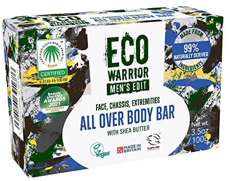 Eco Warrior Men's Edit All Over Body Soap Bar | Vegan, Natural, Cruelty-Free, Eco Friendly | Free from SLS or Parabens | Nourishing Mens Soap with Shea Butter and Essential Oils | Mens Gifts, 100g