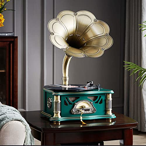 Record Player Retro Turntable,Vintage Gramophone Bluetooth Speaker,Classic Aluminum Phonograph,Vinyl Record Player 33/45/78RPM,Support 7/10/12 Vinyl,Copper Horn,Remote Control, Aux-in/USB/(Color:A)