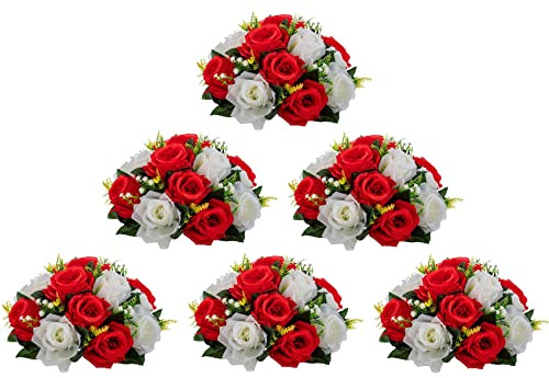 Artificial Flower Centerpieces for Tables: 6pcs of Rose Flower Balls, Flower Kissing Balls, Fake 15-head Plastic Flower Roses with Base for Birthday Party Christmas Home Wedding Decor (Red White)