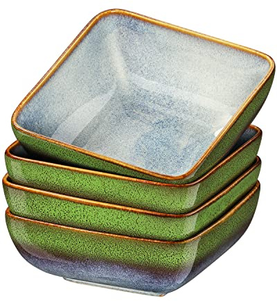 vancasso Stern Square 4-Piece Cereal Bowl Set, Kiln Change Glaze Blue-Green Gradient Deep Bowl, 6in Salad/Fruit/Snack/Dessert/Soup Bowl. (15.3x15.3x6cm)