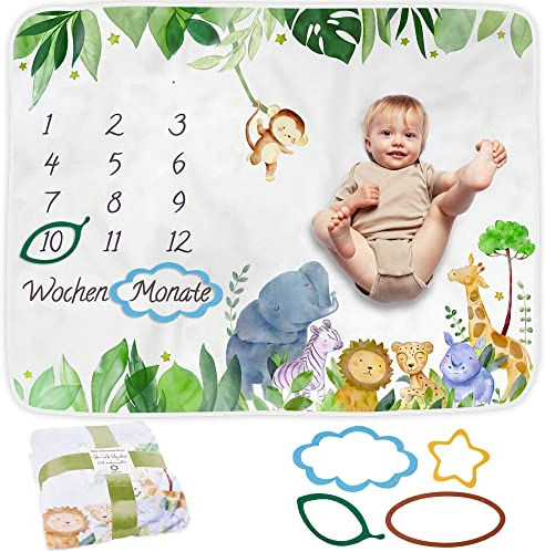 Baby Meilenstein Decke auf Deutsch | Monatsdecke Baby Junge & Mädchen, Unisex | Motiv Safari | Personalisiertes Neugeborenen-Geschenk für Mütter | Babydecke | Meilensteindecke und Rahmen