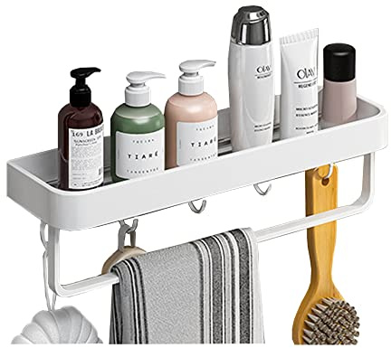 Celbon 30 cm Estantería Baño Blanco Estantes De Baño Sin Perforación Estante de Ducha Cesta de Ducha de Aluminio Con Toallero y Gancho a Prueba de Óxido Para
