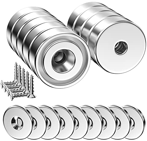 Relota 9 Pezzi Magneti Neodimio Potentissimi 12 KG Forza 20 X 7 mm, Magnete Super Potente con Foro e Base in Acciaio, Multiuso Calamite per Frigo, Lavagne, Mappe, Decorazioni, con Viti Di Montaggio