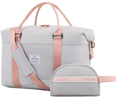 LOVEVOOK Stor och lätt weekendväska för kvinnor, weekendväska med laptopfack, reseryggsäck, simväska, gymväska, träning, fitness, klinisk väska, sjukhusväska, flygresor, Grå + rosa rem, M, Axelrem