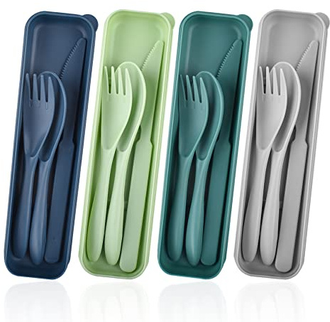 Tragbares Besteck-Set mit Etui, 4 Sets Kunststoff-Camping-Besteck, Reisebesteck-Set für Lunchbox, wiederverwendbares Besteck, Messer, Gabel, Geschirr für Picknick, den täglichen Gebrauch (4 Farben)