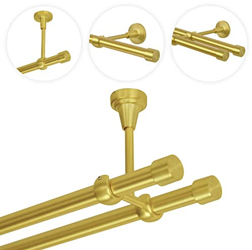 Gardinenstange 140 cm Deckenmontage | Vorhangstange 2 läufig Ø 19mm | Gold-Matt Messing Antik Vintage-Look Retro-Stil | Endkappe