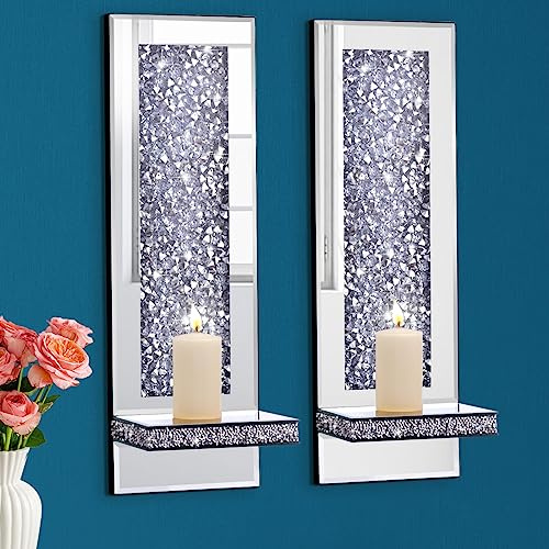 Aeveco Crystal Crush - Juego de 2 candelabros con Espejo de Diamante, portavelas de Pared Plateados, Decoraciones de Pared para Sala de Estar, Comedor (rectángulo (Estilo 4))