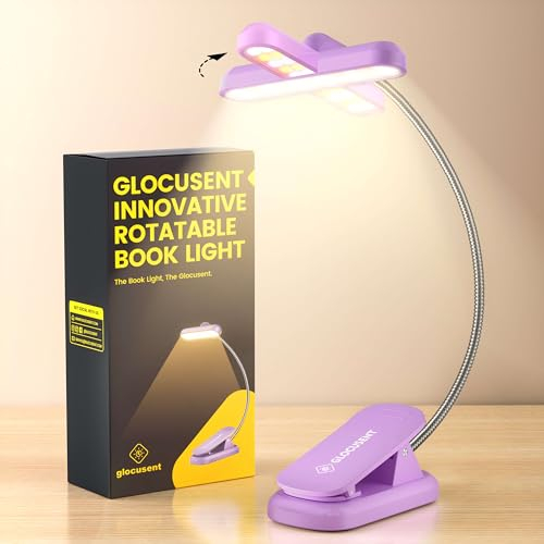 Glocusent Drehbare Leselampe Buch Klemme, 22 LEDs Zweireihig mit Timer, Stufenlose Dimmung & Farbanpassung, 1000 mAh Wiederaufladbare Buchlampe für bis zu 100 Stunden, Ideal für Buchliebhaber