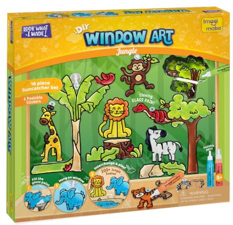 Imagimake Window Art - Jungle, DIY Mess-Free Craft Kit for Kids Ages 5+ | 16 Suncatcher Pieces, Glass Painting Activity for Kids, Birthday Gift for 5,6,7,8,9,10,12 Years Old Boys & Girls