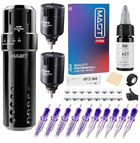 Mast Flip Kabelloses Tattoo Kit, Rotations Tattoo Maschine Pen, 7 Hublängen | 2 Austauschbare Akkus, RCA-Anschluss, Tattoo Nadeln, Tattoo Tinte, Für Anfänger Und Tätowierer