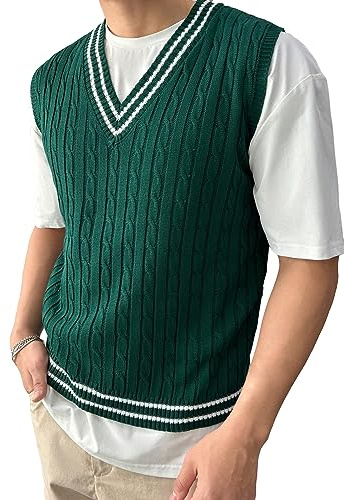 SOLY HUX Men's Striped Cable Knit Sweater Vest V Neck Sleeveless Casual School Sweater Tops Dark Green Striped L