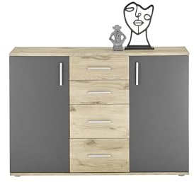 AVANTI TRENDSTORE - Bea - Comò in Legno Laminato con 2 Ante e 4 Cassetti, Colore Quercia Viking e Grigio, per Soggiorno o Camera da Letto, Dimensioni: LAP 120x84x35 cm