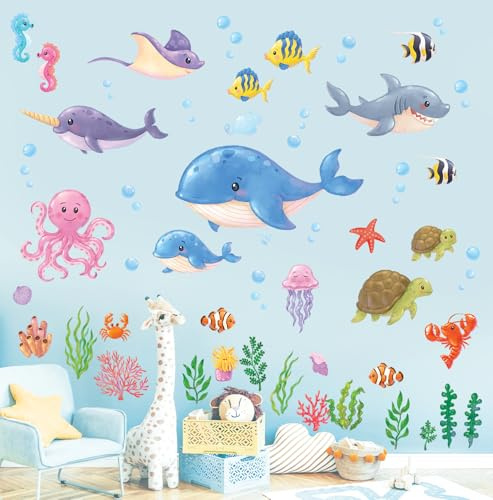 DECOWALL DS12-8081 väggtatuering under havet fisk väggdekal undervattensvärld sjöang ocean väggdekal barnrum babyrum badrum väggdekoration